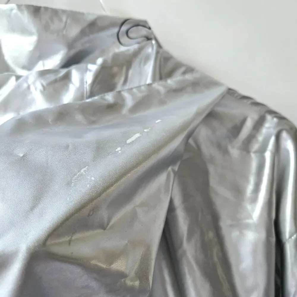 SJYP Silver Long Metallic Raincoat Hooded Womens Size Medium Korean Brand Edgy